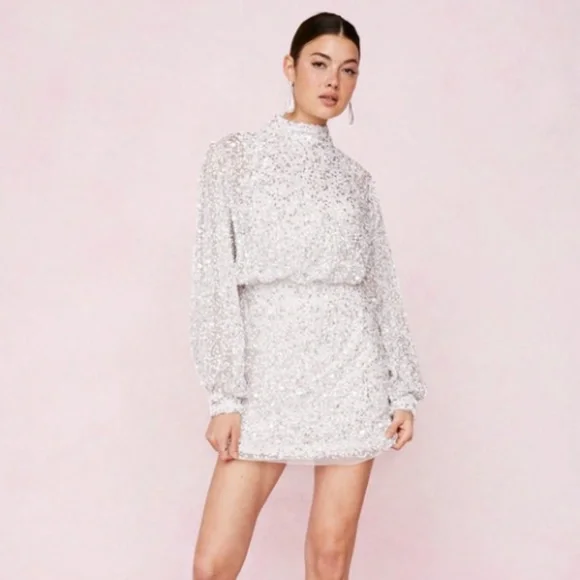 nasty gal white sequin dress Sequin Sheer Racer Neck Maxi Dress